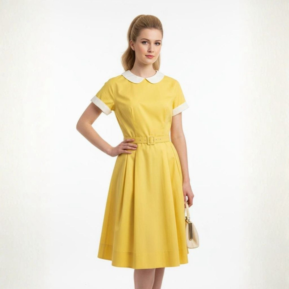 Jones Dresses & Skirts - Jones Vintage Yellow & White Collared Short Sleeve Dress - Size 8 (Vintage)